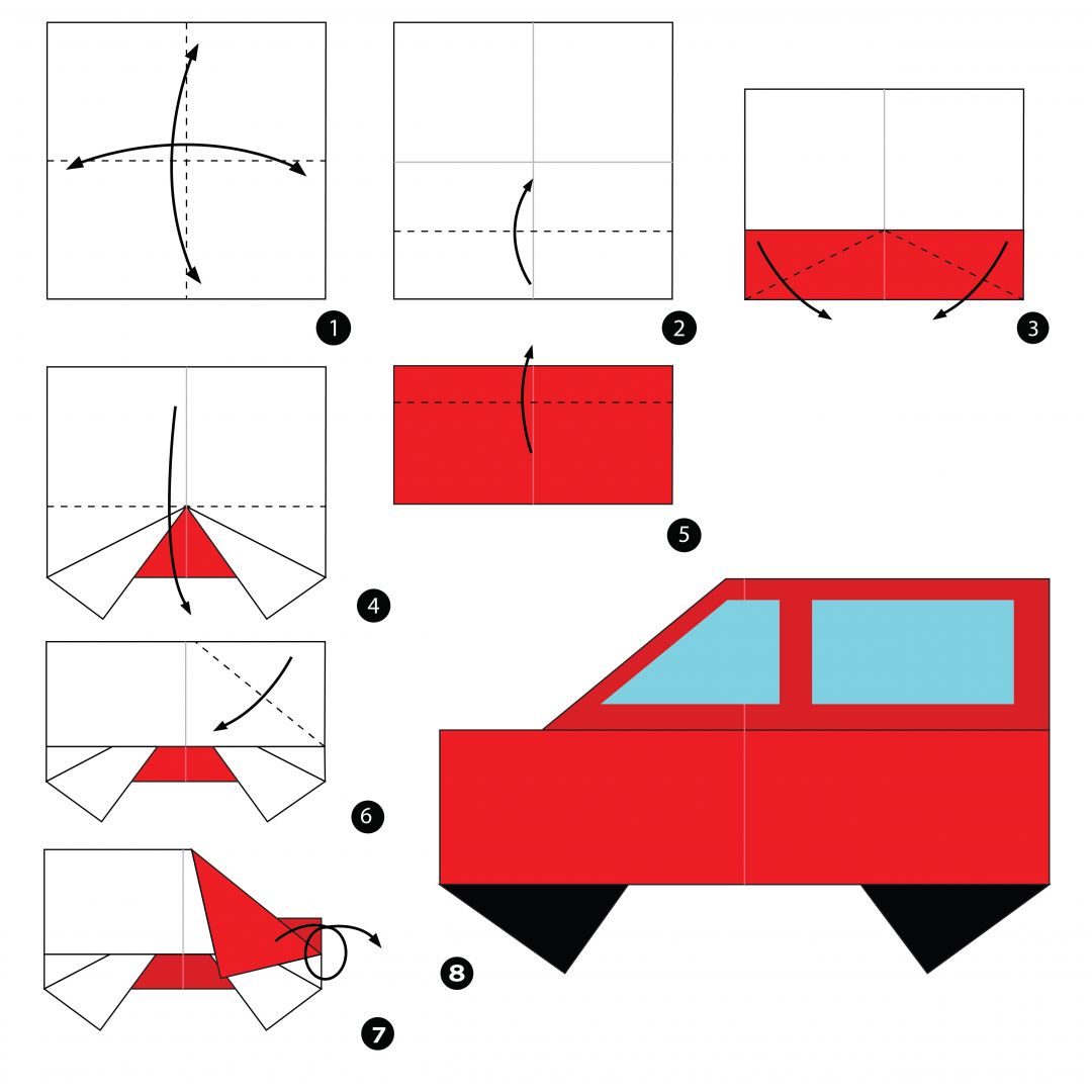 Оригами машинка из бумаги для детей по схеме